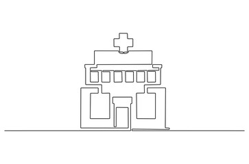 Continuous one line drawing of Hospital. Single line drawing illustration of Hospital building construction. Medical healthcare concept vector art. Doodle line illustration.