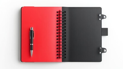 Open spiral-bound notebook with a pen