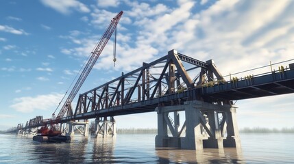Fototapeta premium Massive steel bridge under construction over tranquil river.