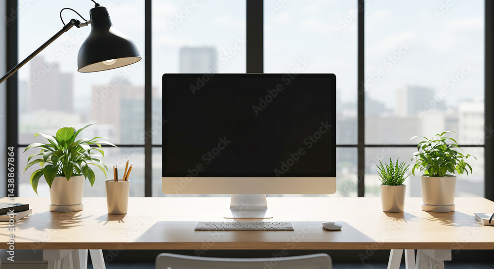 Poster modern office desk showing computer screen with city view and plants