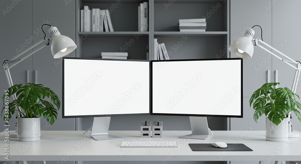 Aufkleber Modern workspace setup featuring two computer monitors with blank screens, perfect for showcasing designs or mockups