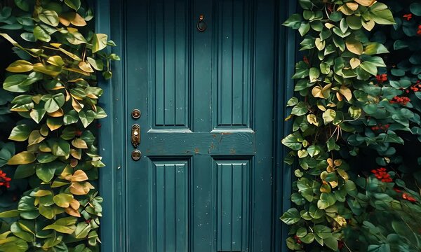 Antique Teal Wooden Door Adorned with Red Roses and Lush Green Ivy Creates a Welcoming and Enchanting Fa?ade