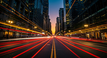 City street with dynamic long exposure light trails, urban landscape photography representing speed and modern life, perfect for website headers and presentations