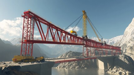 Elevated red bridge support structure under construction in mountainous region.