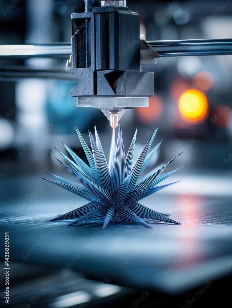 Poster futuristic geometric object being printed by advanced 3d printer head in a high-tech workspace