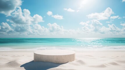 Fototapeta premium Minimalist white stone platform on tropical beach with soft white sand, turquoise ocean, and blue sky, perfect for luxury product display, summer vacation, and exotic travel branding concepts