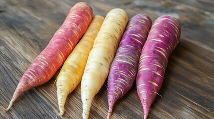 Colorful Rainbow Carrots Fresh Organic Vegetables Wooden Background Healthy Food Farm Fresh Produce Vibrant Colors Natural Food Photography Delicious 