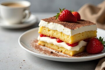 Classic Italian dessert, layers of coffee-soaked ladyfingers and mascarpone cream , overhead, cocoa powder, traditional