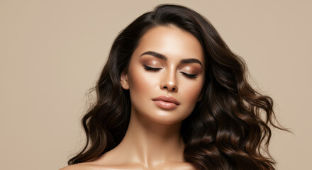 Naklejka premium Stunning Beauty: Radiant Skin, Brown Wavy Hair, & Perfect Makeup. Eyes Closed - Calm, Serene, Glamorous Portrait
