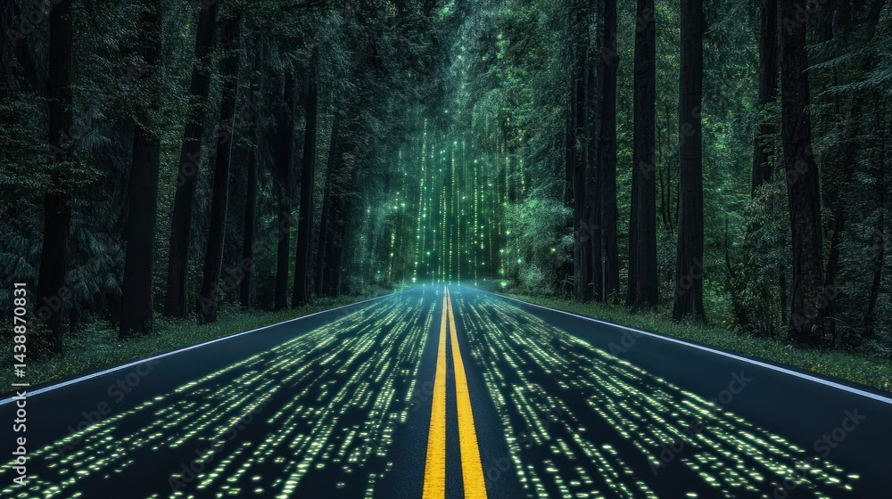 Aufkleber forest road, digital code. a path through a dark forest, paved with glowing lines of code