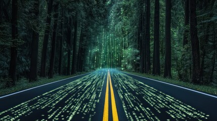 Forest road, digital code.  A path through a dark forest, paved with glowing lines of code