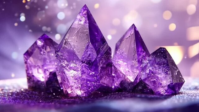 Glimmering amethyst crystals displaying magic and elegance in timelapse sparkle