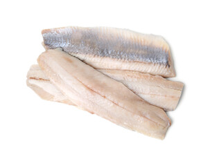Marinated herring fillets isolated on white, top view