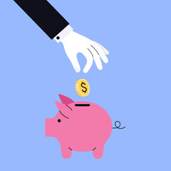 Oszczędzanie i inwestowanie. Dłoń wrzucającą monetę do różowej skarbonki, symbolizująca zarządzanie finansami osobistymi, planowanie budżetu i rozsądne gospodarowanie pieniędzmi