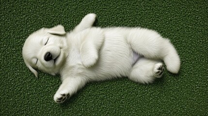 Fototapeta premium Sleeping golden puppy on green grass, relaxed and adorable