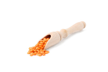 Raw lentils in wooden scoop isolated on white