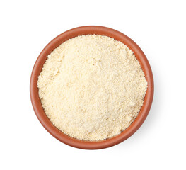 Superfood product. Sesame seeds powder in bowl isolated on white, top view