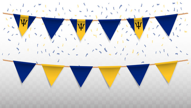 Vector illustration of the country flag of Barbados with confetti on transparent background. hanging triangular flag for Independence Day celebration.