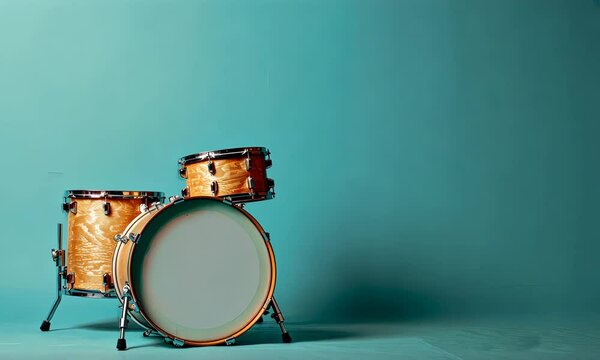 Dynamic drum set on teal background: rhythmic movement and percussive vibrations