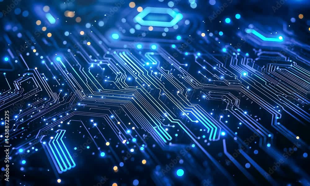 Poster futuristic blue circuit board animation with dynamic digital flow and glowing technology patterns