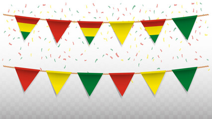 Vector illustration of the country flag of Bolivia with confetti on transparent background. hanging triangular flag for Independence Day celebration.