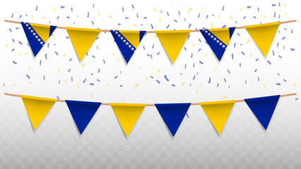 Vector illustration of the country flag of Bosnia-Herzegovina with confetti on transparent background. hanging triangular flag for Independence Day celebration.