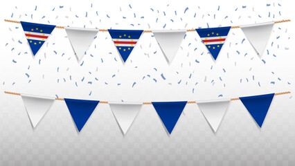 Vector illustration of the country flag of Cape Verde with confetti on transparent background. hanging triangular flag for Independence Day celebration.