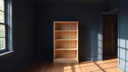 an empty wooden bookshelf is placed in the corner of the room,