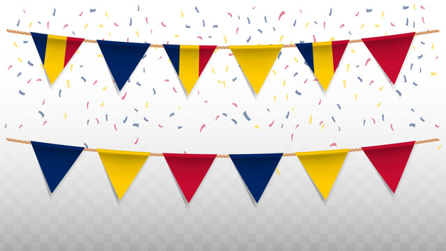 Vector illustration of the country flag of Chad with confetti on transparent background. hanging triangular flag for Independence Day celebration.