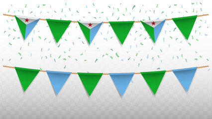 Vector illustration of the country flag of DJibouti with confetti on transparent background. hanging triangular flag for Independence Day celebration.