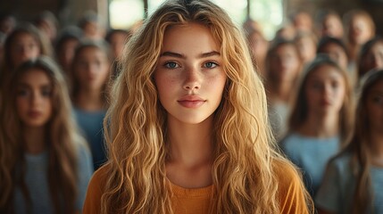 Young woman leader, crowd behind, indoors, conference