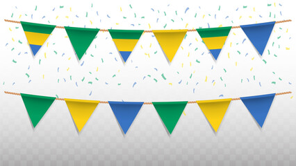 Vector illustration of the country flag of Gabon with confetti on transparent background. hanging triangular flag for Independence Day celebration.