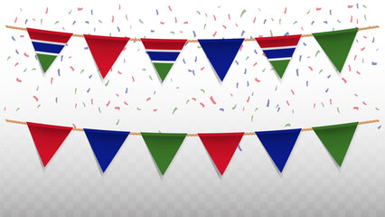 Vector illustration of the country flag of Gambia with confetti on transparent background. hanging triangular flag for Independence Day celebration.