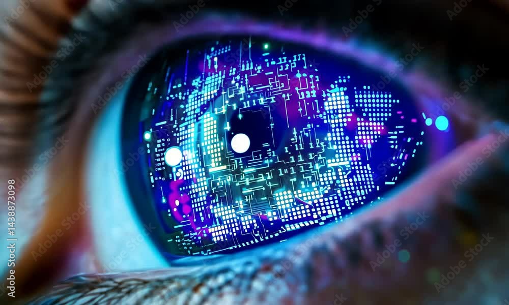 Poster futuristic eye with digital circuitry glows and pulses in dynamic closeup