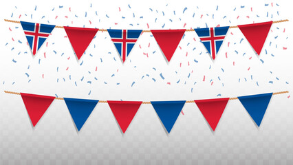 Vector illustration of the country flag of Iceland with confetti on transparent background. hanging triangular flag for Independence Day celebration.