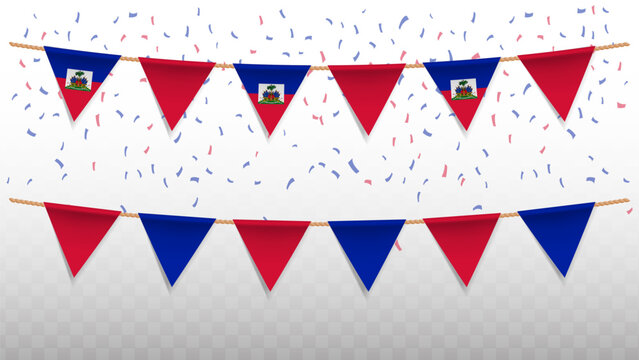 Vector illustration of the country flag of Haiti with confetti on transparent background. hanging triangular flag for Independence Day celebration.