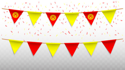 Vector illustration of the country flag of Kyrgyzstan with confetti on transparent background. hanging triangular flag for Independence Day celebration.