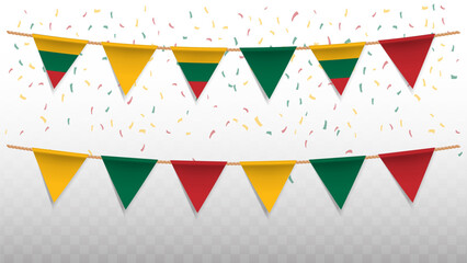 Vector illustration of the country flag of Lithuania with confetti on transparent background. hanging triangular flag for Independence Day celebration.