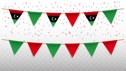 Vector illustration of the country flag of Libya with confetti on transparent background. hanging triangular flag for Independence Day celebration.