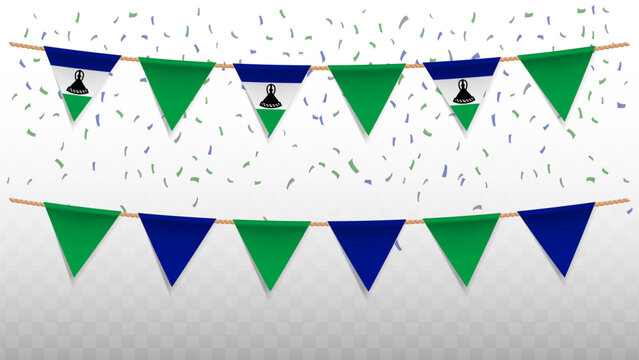 Vector illustration of the country flag of Lesotho with confetti on transparent background. hanging triangular flag for Independence Day celebration.