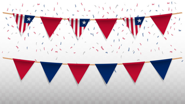 Vector illustration of the country flag of Liberia with confetti on transparent background. hanging triangular flag for Independence Day celebration.