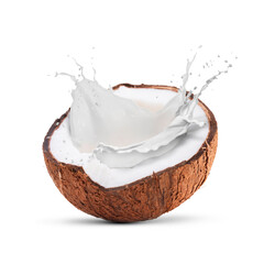 Fresh coconut milk splashing out of nut on white background