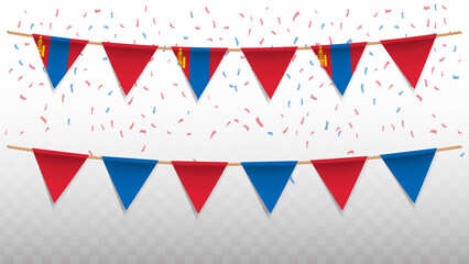 Vector illustration of the country flag of Mongolia with confetti on transparent background. hanging triangular flag for Independence Day celebration.