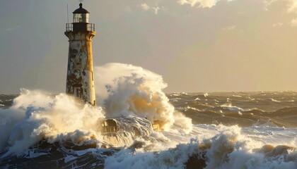 Abandoned lighthouse battered by massive ocean waves during a storm