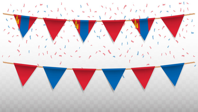 Vector illustration of the country flag of Mongolia with confetti on transparent background. hanging triangular flag for Independence Day celebration.