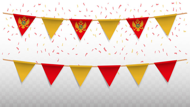 Vector illustration of the country flag of Montenegro with confetti on transparent background. hanging triangular flag for Independence Day celebration.