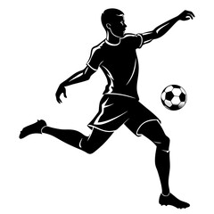 A dynamic black silhouette of a soccer player kicking a soccer ball with power and precision, capturing the energy and movement of the sport 