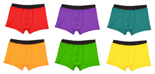 Men's underwear in different colors isolated on white, set