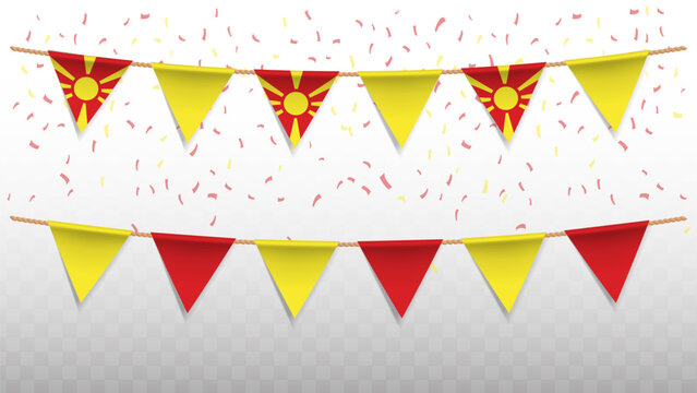 Vector illustration of the country flag of North Macedonia with confetti on transparent background. hanging triangular flag for Independence Day celebration.