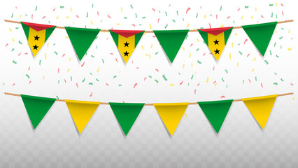Vector illustration of the country flag of Sao Tome and Principe with confetti on transparent background. hanging triangular flag for Independence Day celebration.